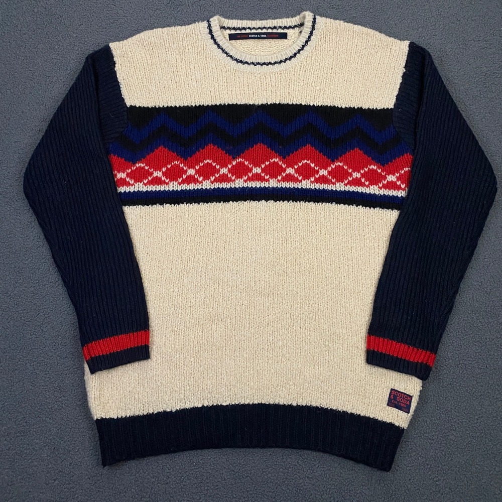 Scotch & Soda Sweater Mens 2XL Blue Cream Knit Soft Wool Blend Fair Isle Nordic